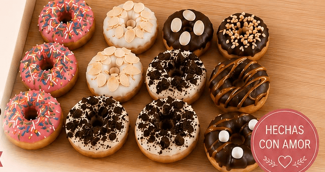 Bandeja de mini donas artesanales con coberturas de chocolate, fresa y vainilla